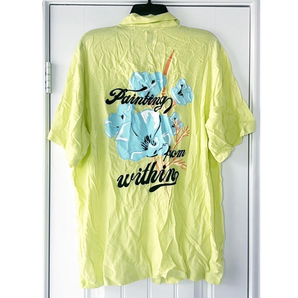Zara Casual Button Front Shirt Painting From Within in Lemon Green, NEW, Size L