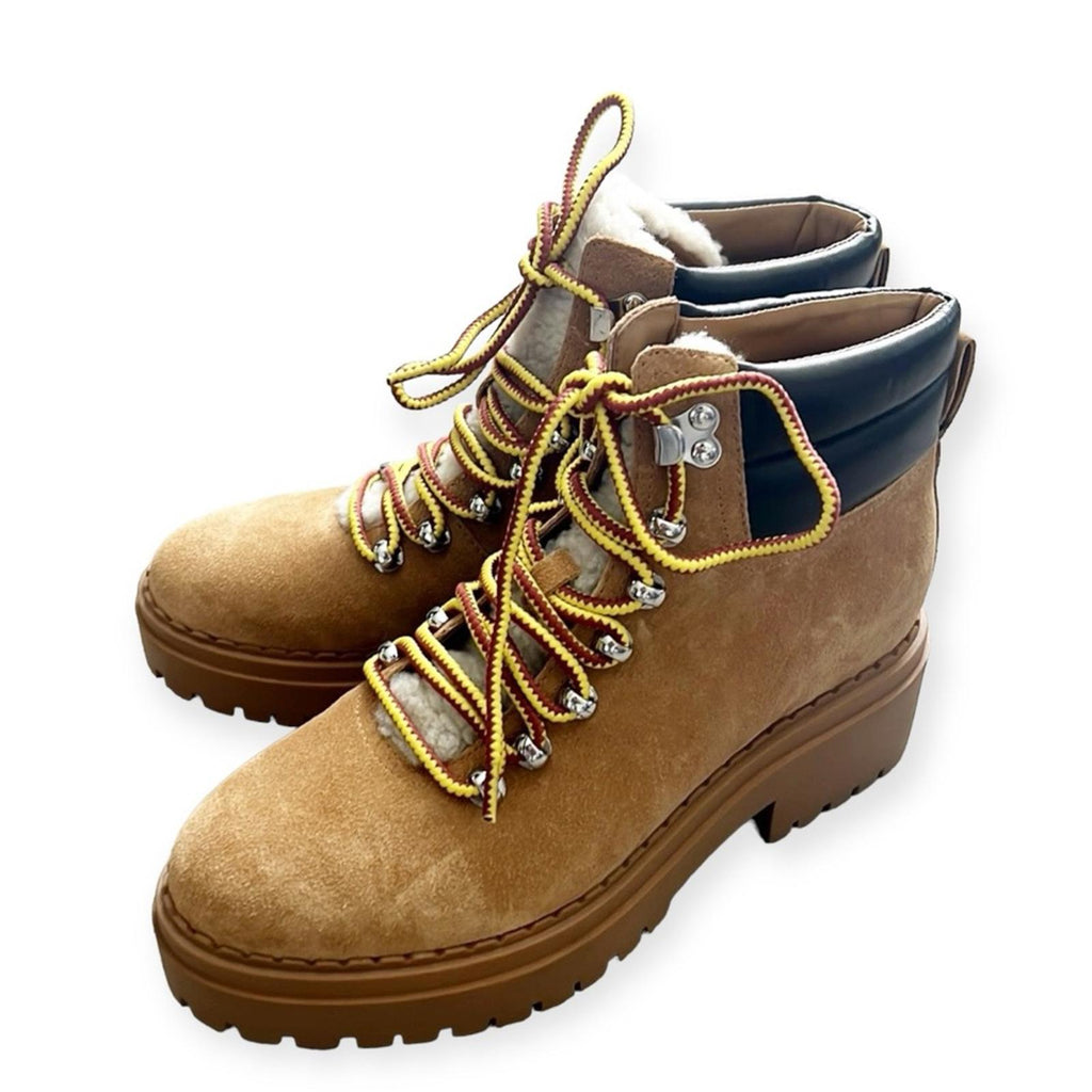 Marc Fisher LTD Nairy Lace-Up Genuine Shearling Lug Sole Bootie Tan, Size 7 NEW