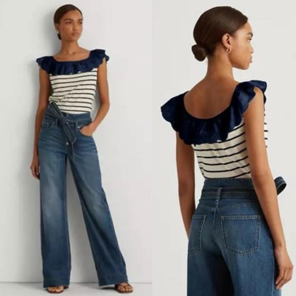 Lauren Ralph Lauren Striped Eyelet Ruffle Top, Cap Sleeve Round Neck Size XL NWT