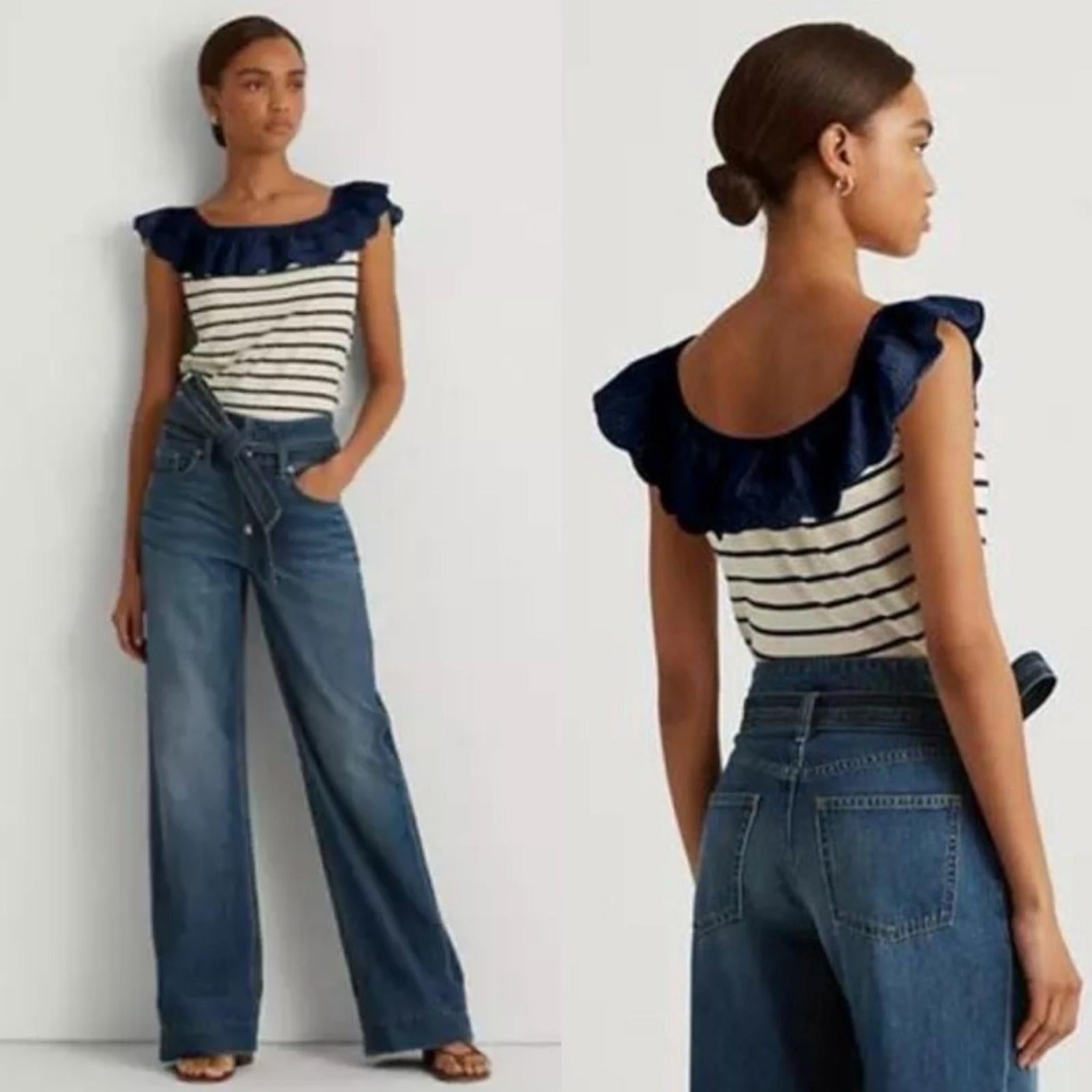 Lauren Ralph Lauren Striped Eyelet Ruffle Top, Cap Sleeve Round Neck Size XL NWT