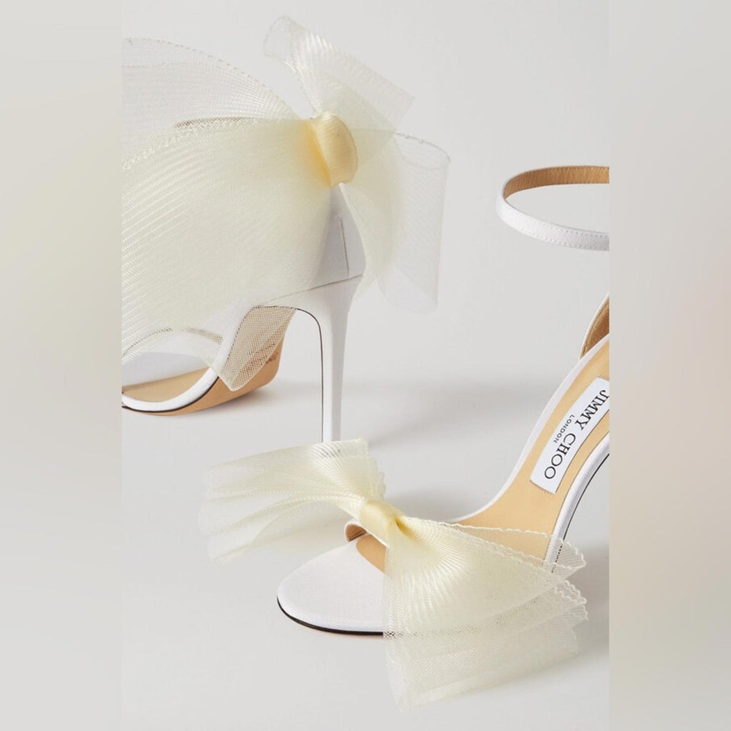 Jimmy Choo Aveline 100 Sandals w/Asymmetric Grosgrain Mesh Fascinator Bows NEW