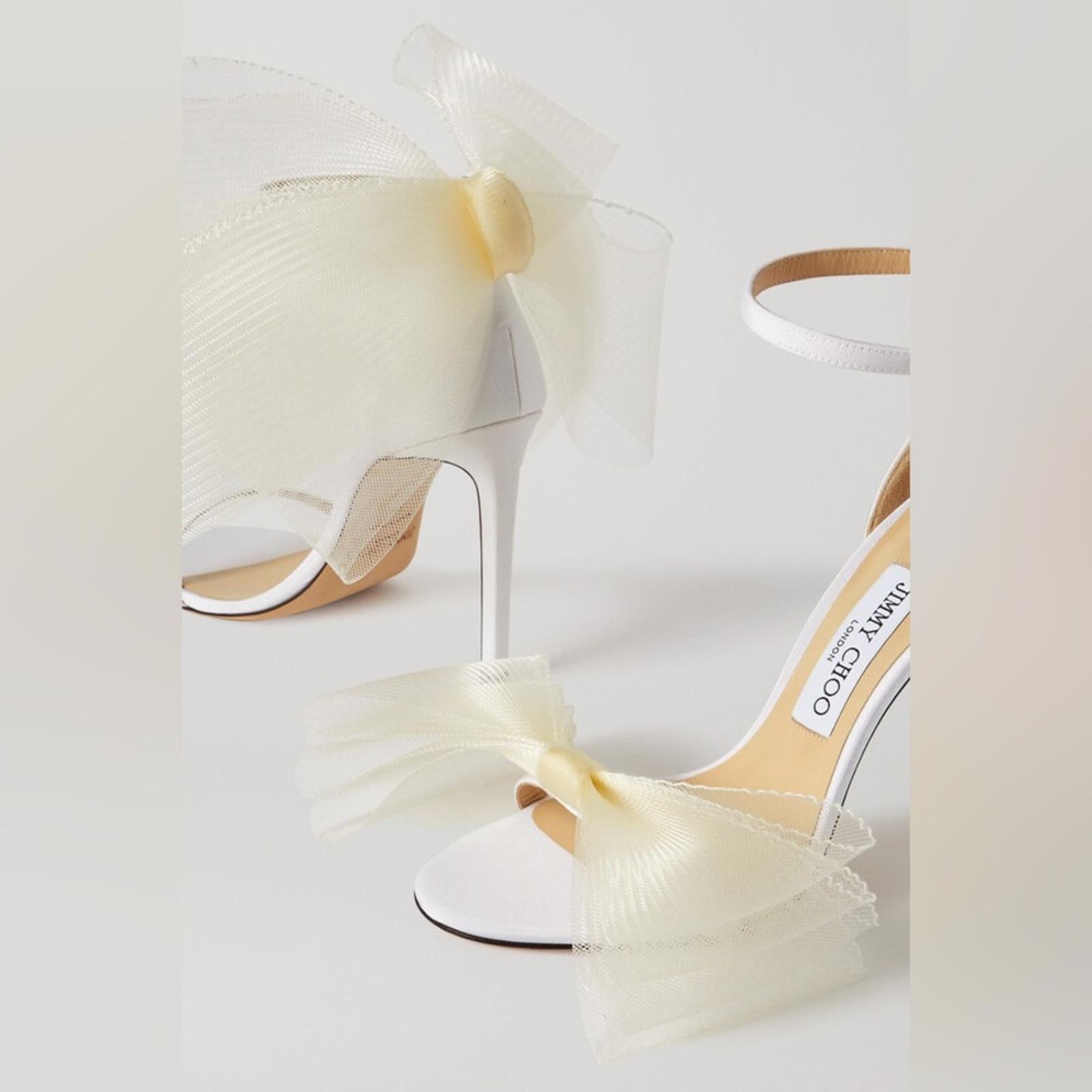 Jimmy Choo Aveline 100 Sandals w/Asymmetric Grosgrain Mesh Fascinator Bows NEW