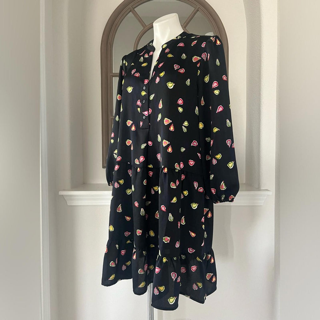 Nic+Zoe Tiered Long-Sleeve Dress w/Mandarin Collar, Black Multi, Size L NWT $188