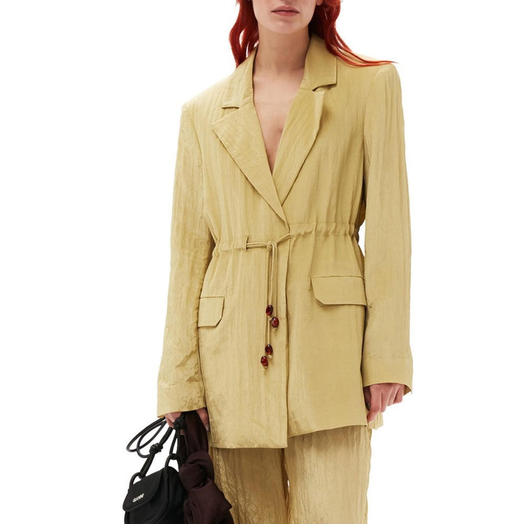 Ganni Bead-Embellished Crinkled Shell Shiny Blazer, Leek Green, Size 46 New wTag
