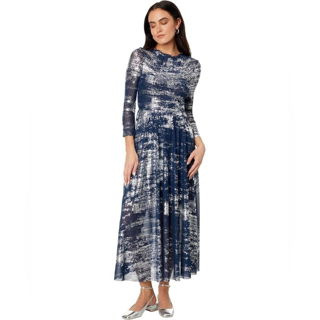 TED BAKER Iggiey Metallic Burnout Midi Dress, 3/4 Sleeves Navy Size 4 US 10 NWT