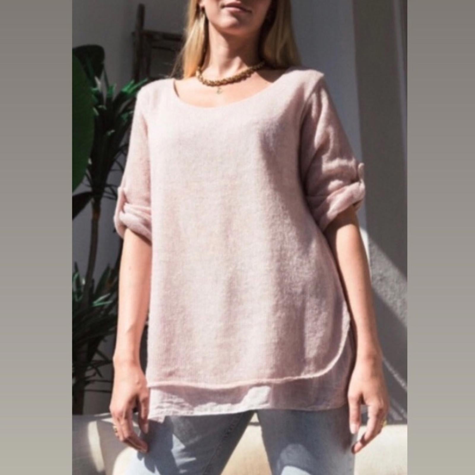 Belle France Lace Back Sweater in Blush Pink, Size L EXCELLENT! Retail $138