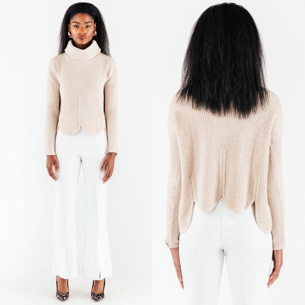 Chloé Kristyn Café Au Lait Anna Scallop Sweater, Size L, New w/Tag Retail $398