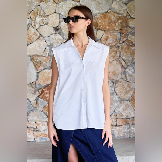 ZARA White Denim Button Up Sleeveless Shirt, Size L New w/Tag