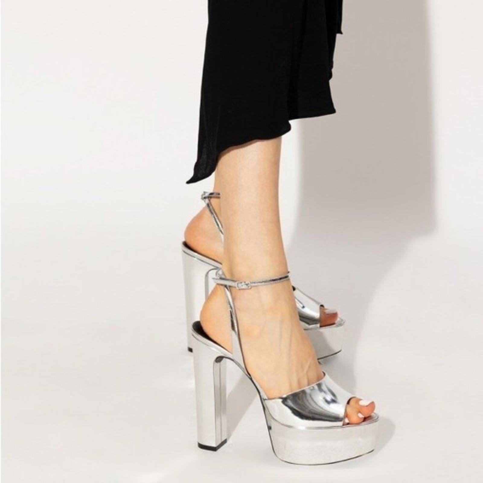 Saint Laurent Jodie Platform Sandals in Metallic Silver, Size 41 NEW +2 DustBags