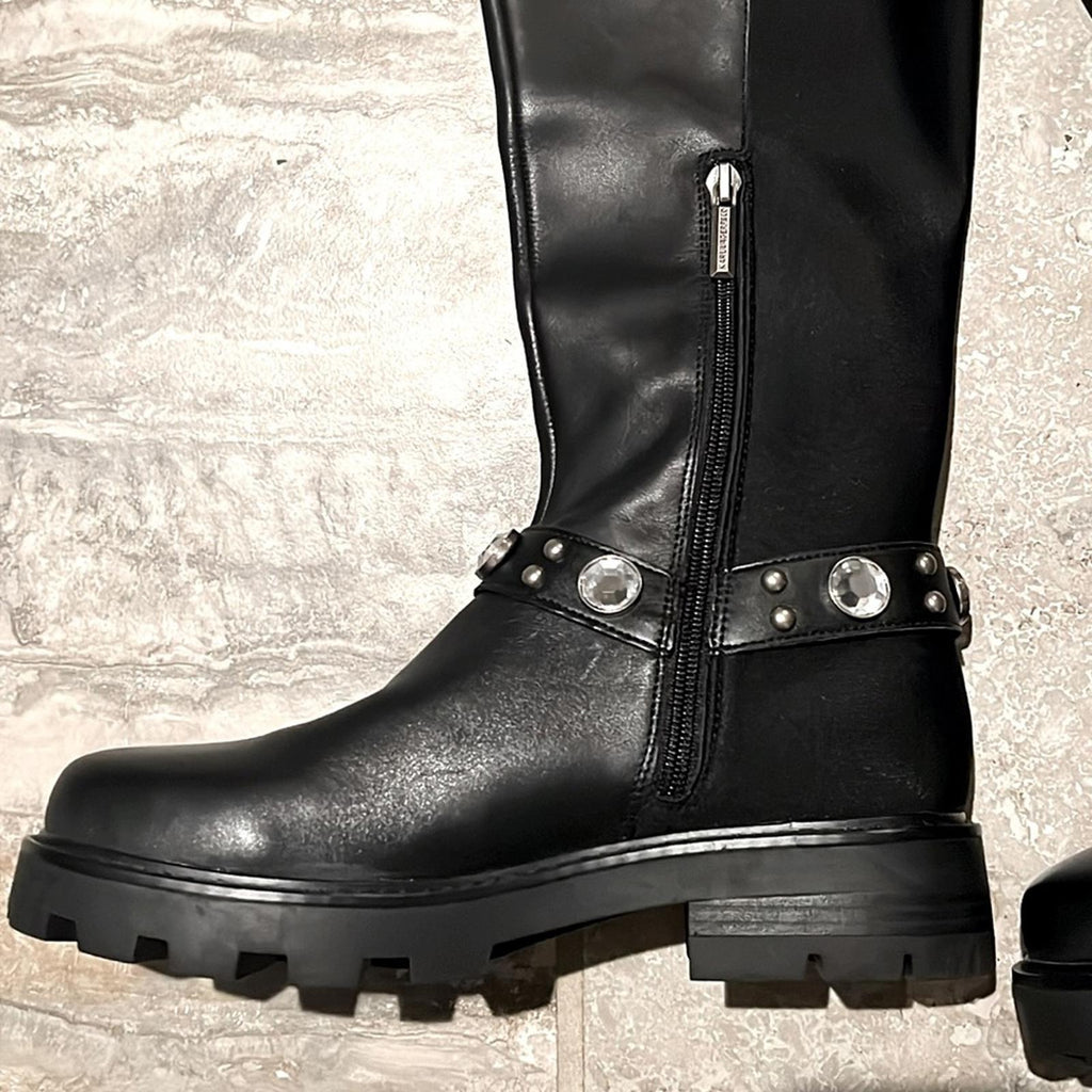 Karl Lagerfeld Milla Tall Leather Lug Sole Riding Boots in Black, Size 8 NEW