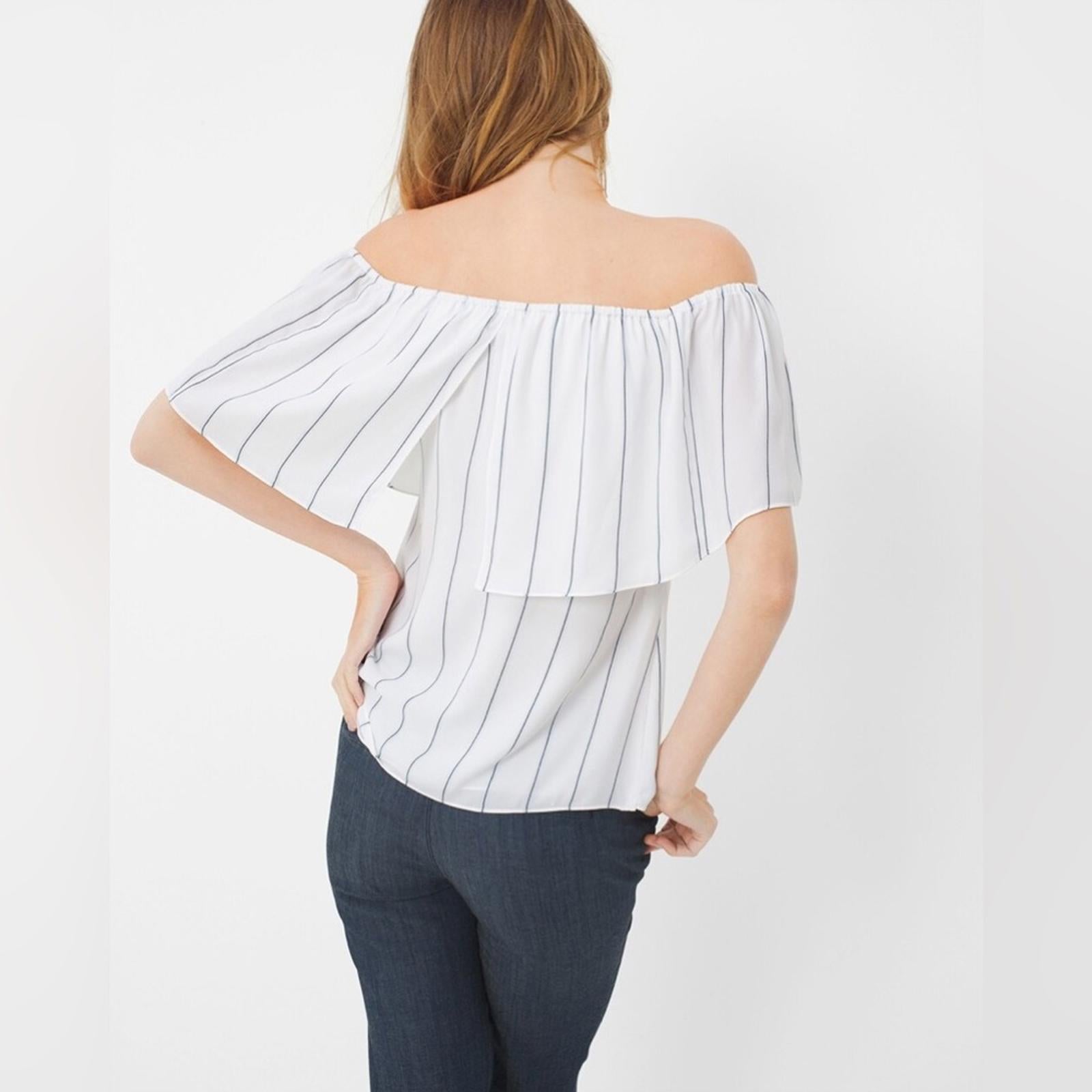 WHBM Off-The-Shoulder Stripe Blouse, White Blue Size XS Retail $99