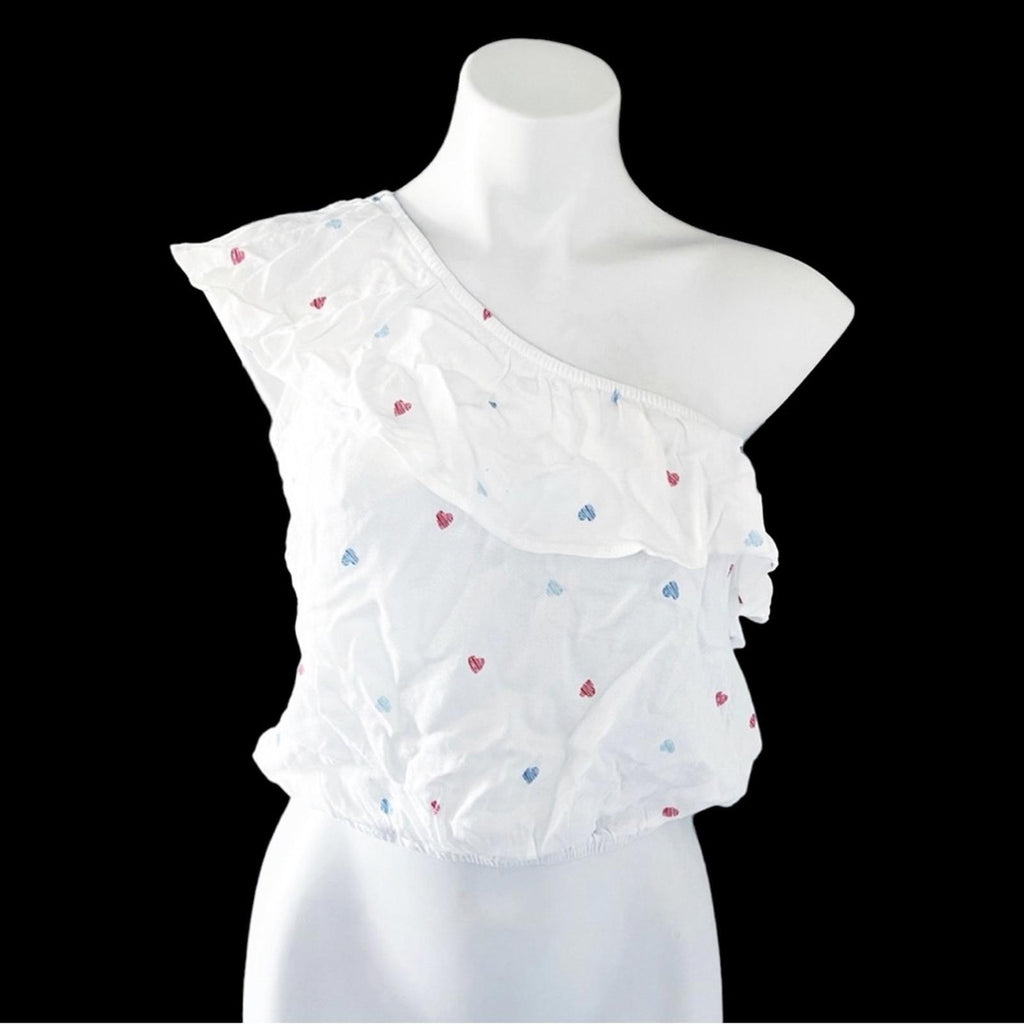 Hippie Rose Tiered One Shoulder Top Red Blue Hearts NWT
