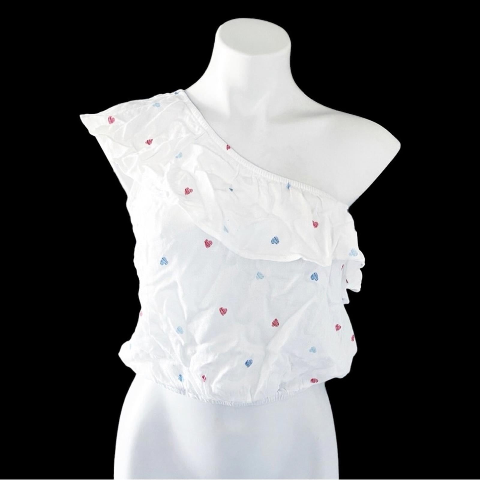 Hippie Rose Tiered One Shoulder Top Red Blue Hearts NWT
