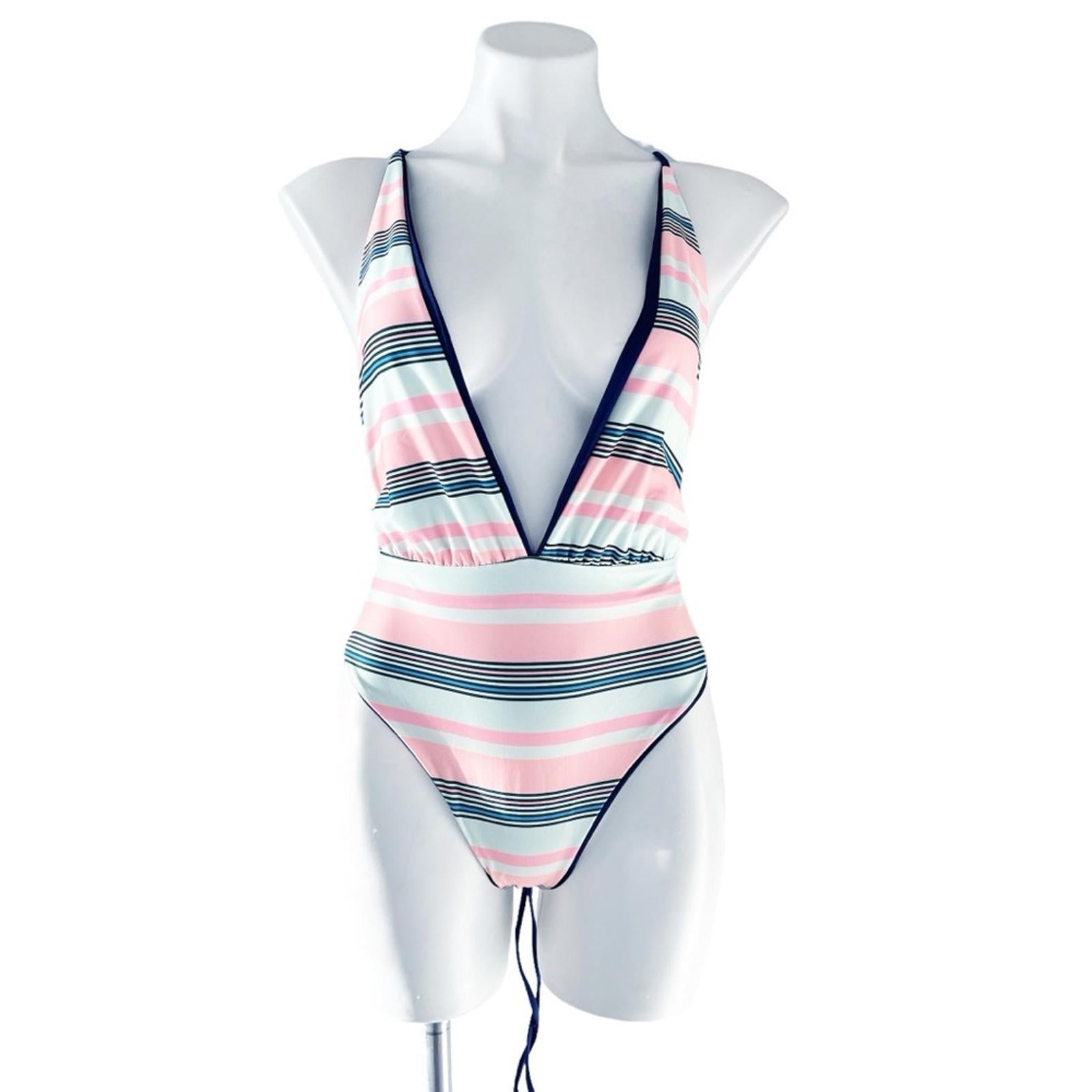 Maaji Safari Reversible Plunge One-Piece Swimsuit Stripe/Solid, Blue New w/Tag