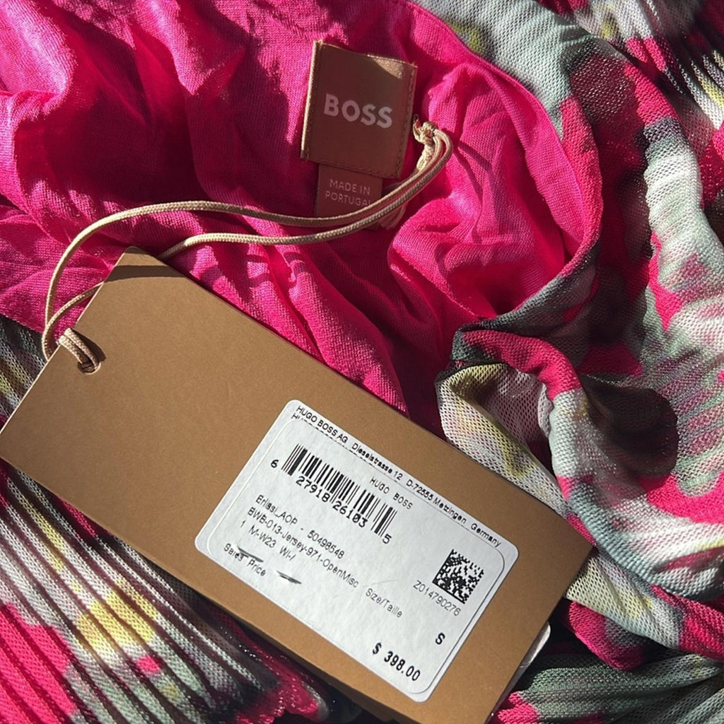 HUGO BOSS Long Sleeve Dress in Plissé Tulle with Seasonal Print Size S NEW w/Tag
