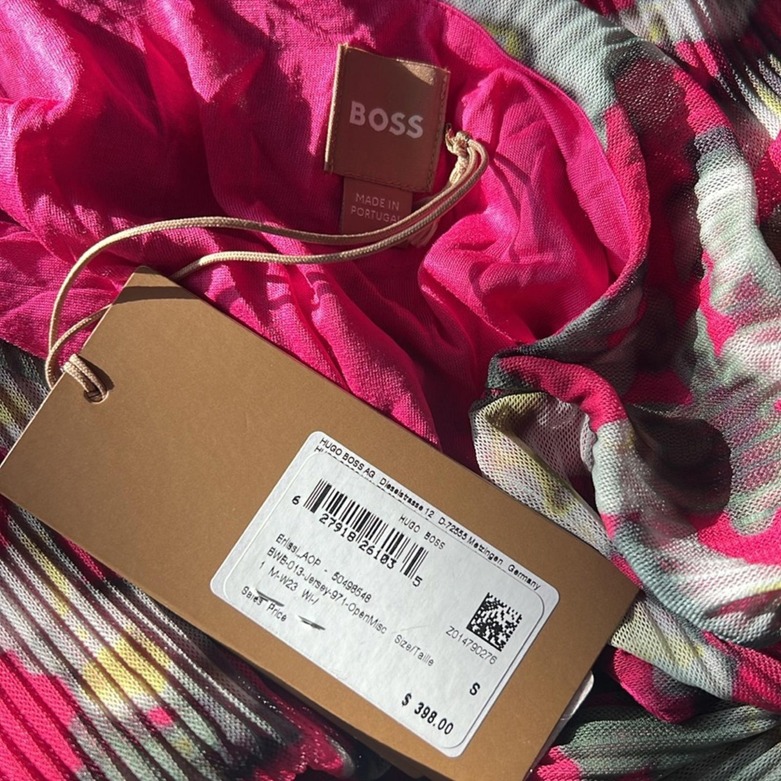 HUGO BOSS Long Sleeve Dress in Plissé Tulle with Seasonal Print Size S NEW w/Tag