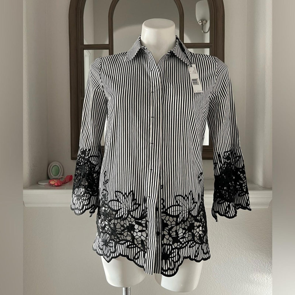 Ellie Tahari Clark Shirt Striped Lace Trim in Black & White New w/Tag $298