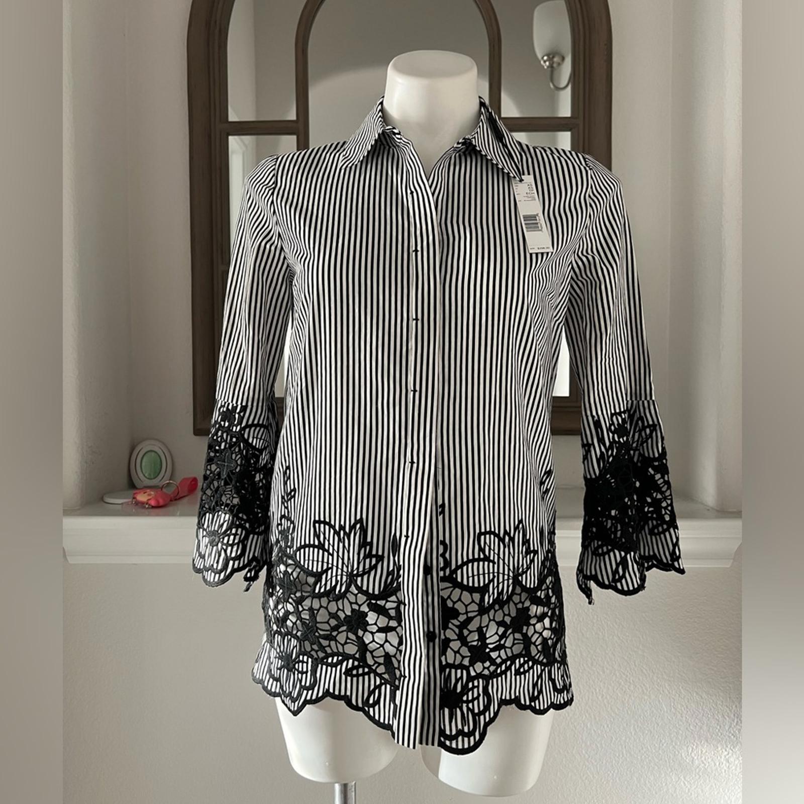 Ellie Tahari Clark Shirt Striped Lace Trim in Black & White New w/Tag $298