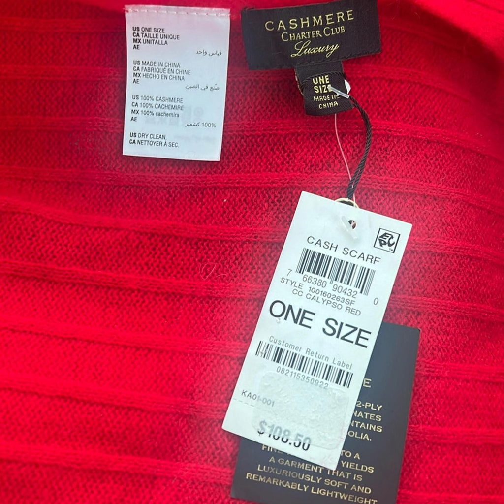 Charter Club Luxury 100% Cashmere Ribbed Scarf in Calypso Red New w/Tag $108.50