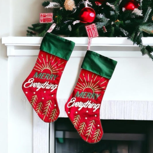 X2 “MERRY Everything” Embroidered Stockings 8.5” x 21” New with Tag