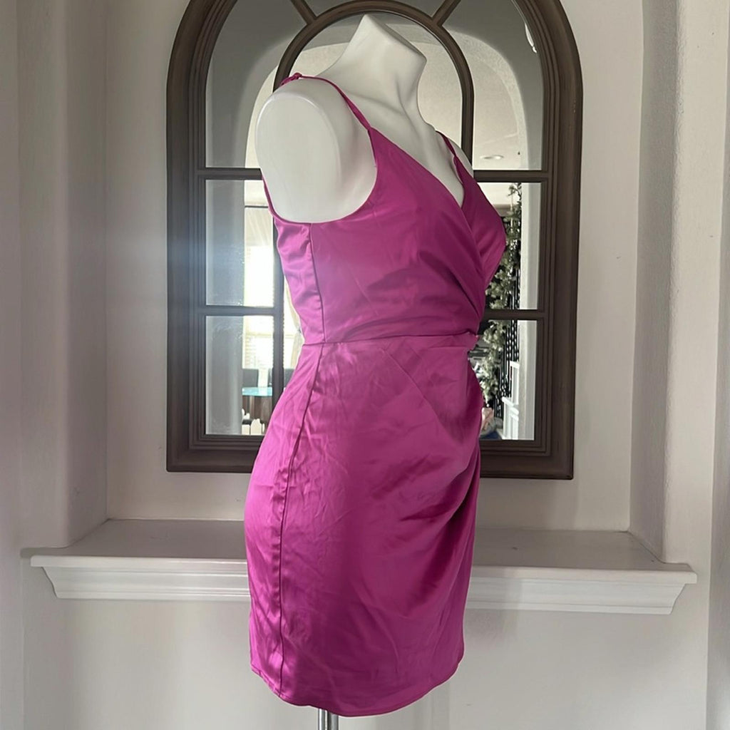 Bloomingdale’s Aqua Drape Front Satin Mini Dress in Fuchsia, Size S New w/Tag