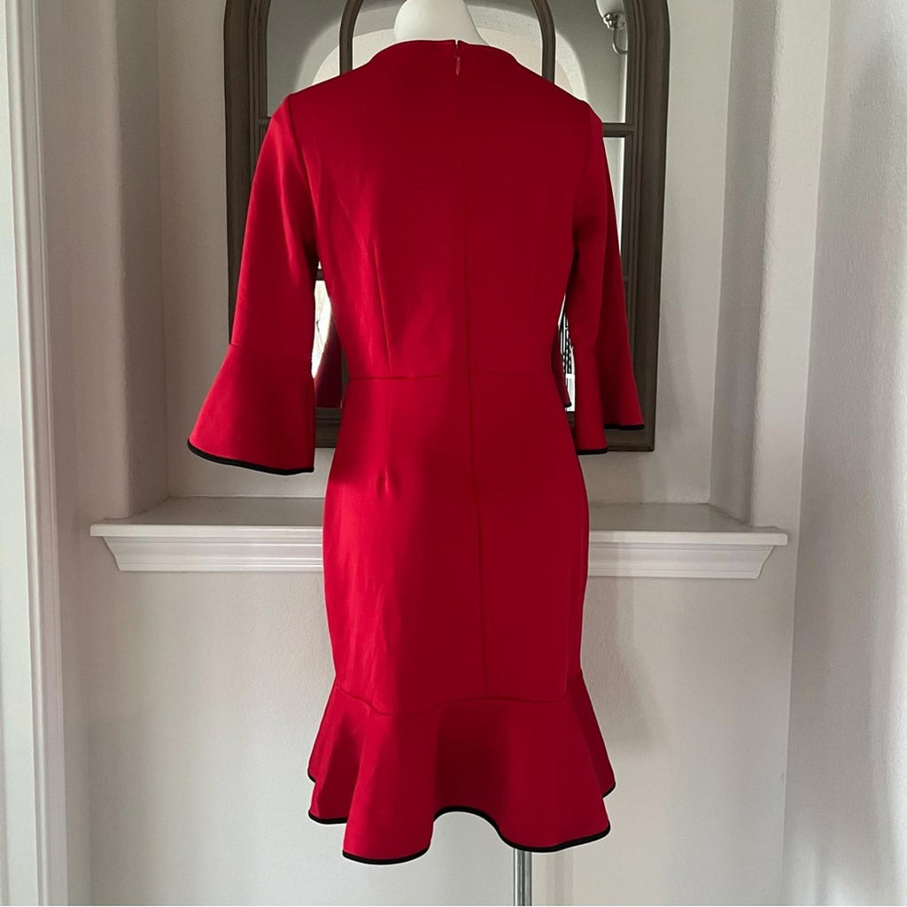 NY & Co Stretch Red Bell-Sleeve Dress w/Black Trim, Size M