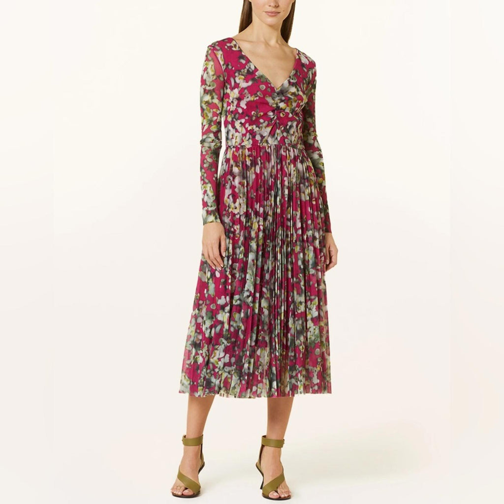 HUGO BOSS Long Sleeve Dress in Plissé Tulle with Seasonal Print Size S NEW w/Tag