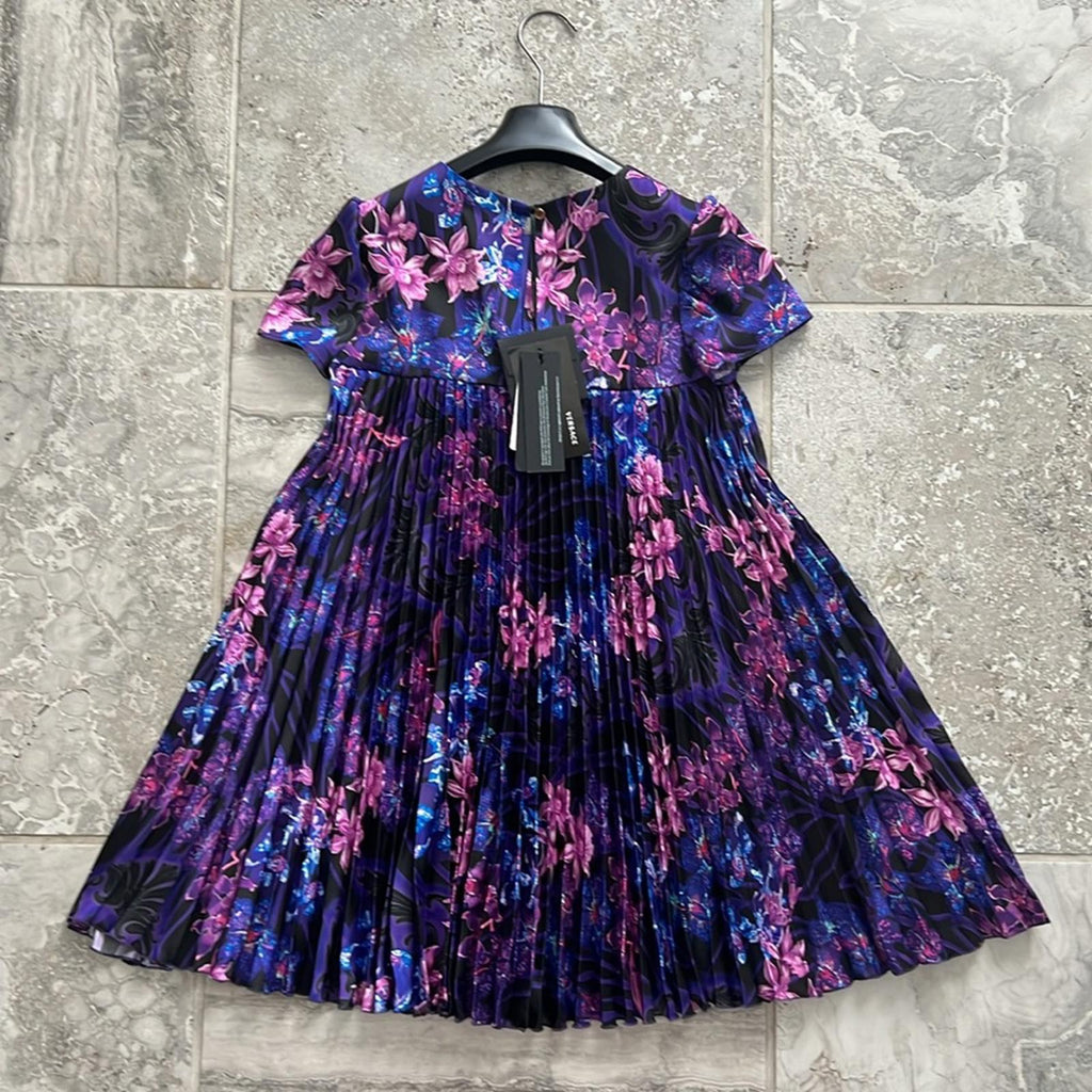 Versace Orchid Barocco Kids Pleated Dress, NWT, Girls Size 12 Retail $795