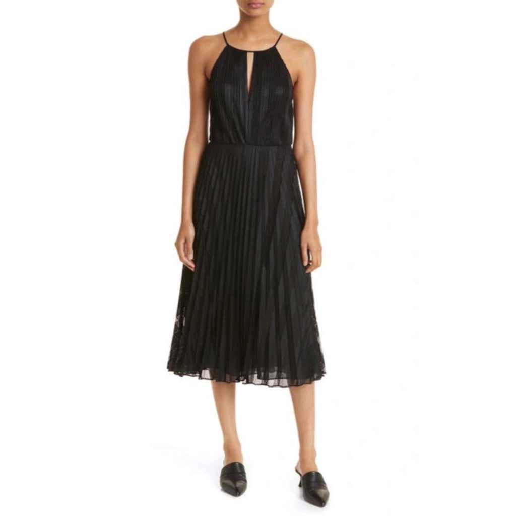 THEORY Pleated Lace Halter Midi Dress in Black, NWT, Size 2, Retail $595