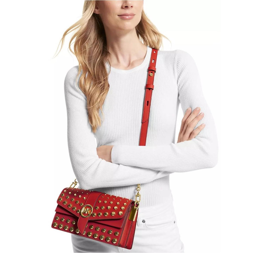 Michael Kors Studded Leather Convertible Shoulder Bag, Red NWT Retail $498