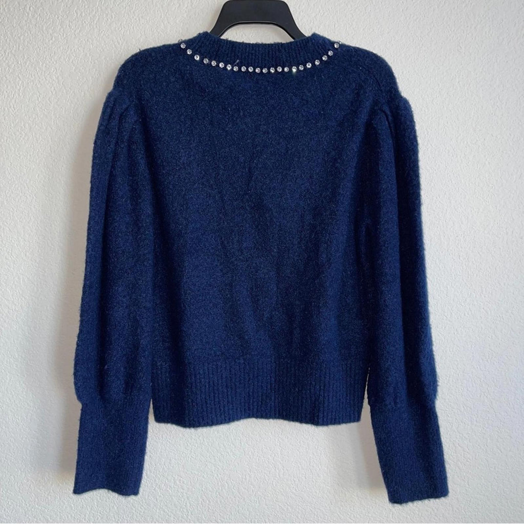 Cinq à Sept Dara Embellished Wool Sweater, Midnight Blue Size XL NEW w/Tag $325