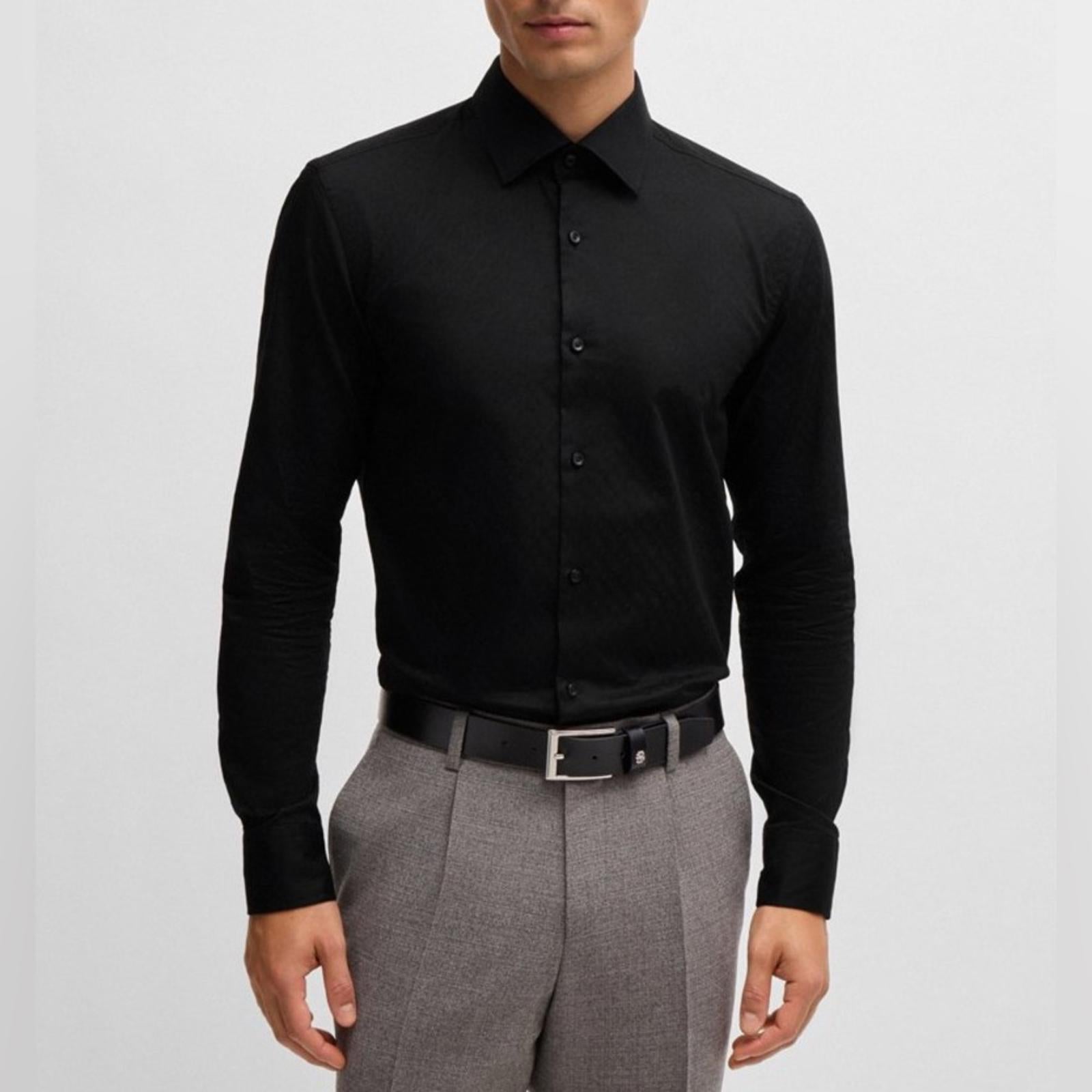 Boss Slim-Fit Shirt in Italian Cotton with Jacquard Monograms in Black Size 16.5