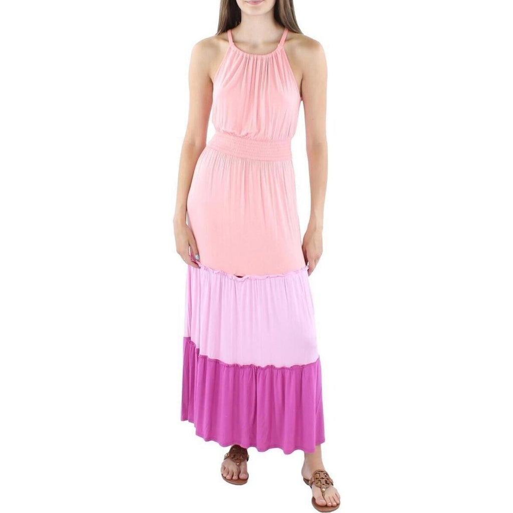 Adyson Parker Color Block Sleeveless Tiered Maxi Dress, Neon Peach Combo NWT