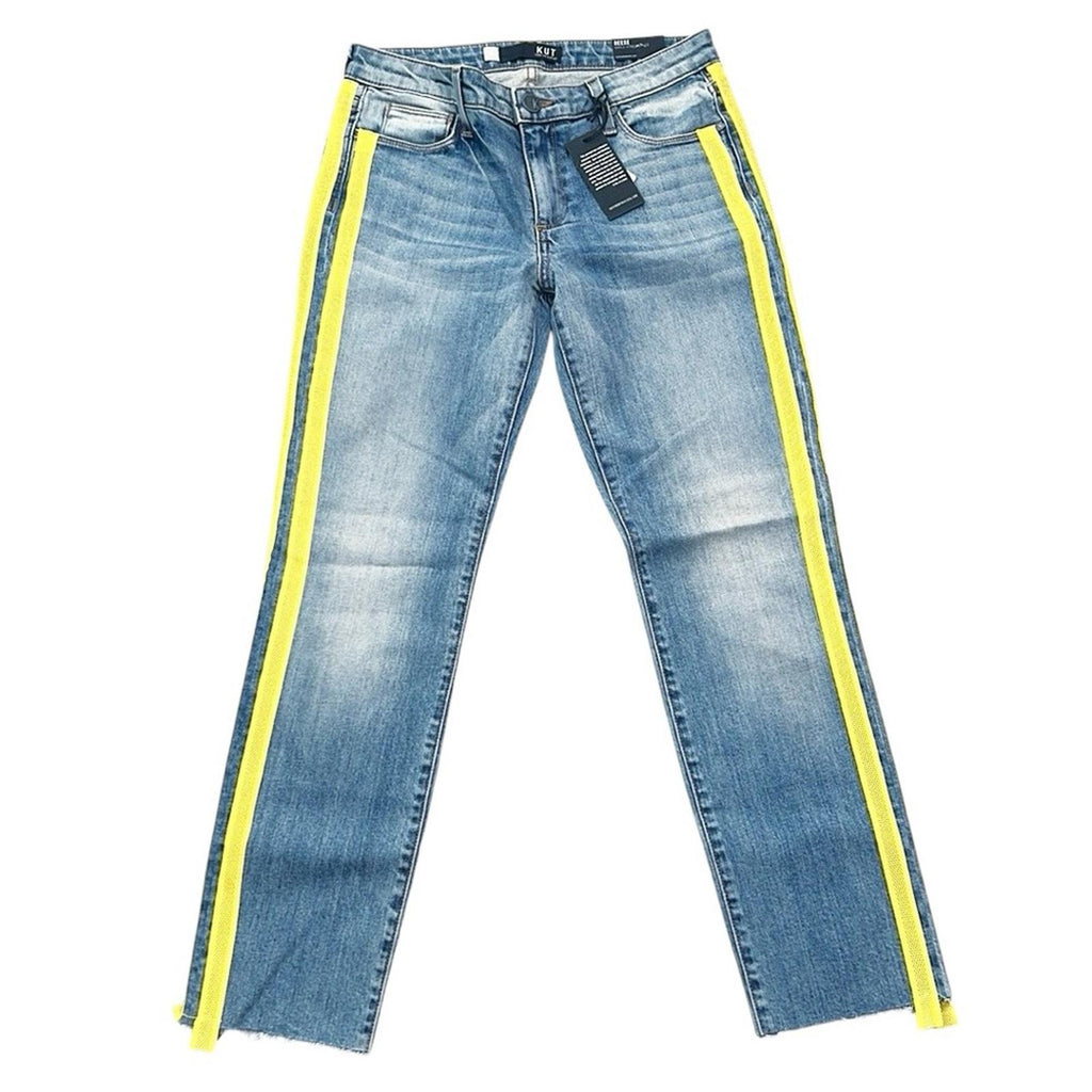 KUT from the Kloth Reese Yellow Stripe Ankle Straight Leg Jeans Size 0 New w/Tag