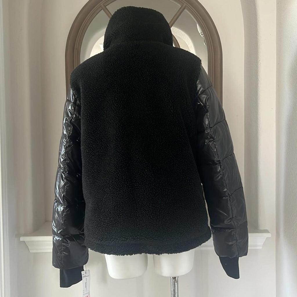 Aqua Bloomingdale’s Mixed Media Puffer Coat Jacket in Black, Size XL NEW w/Tag