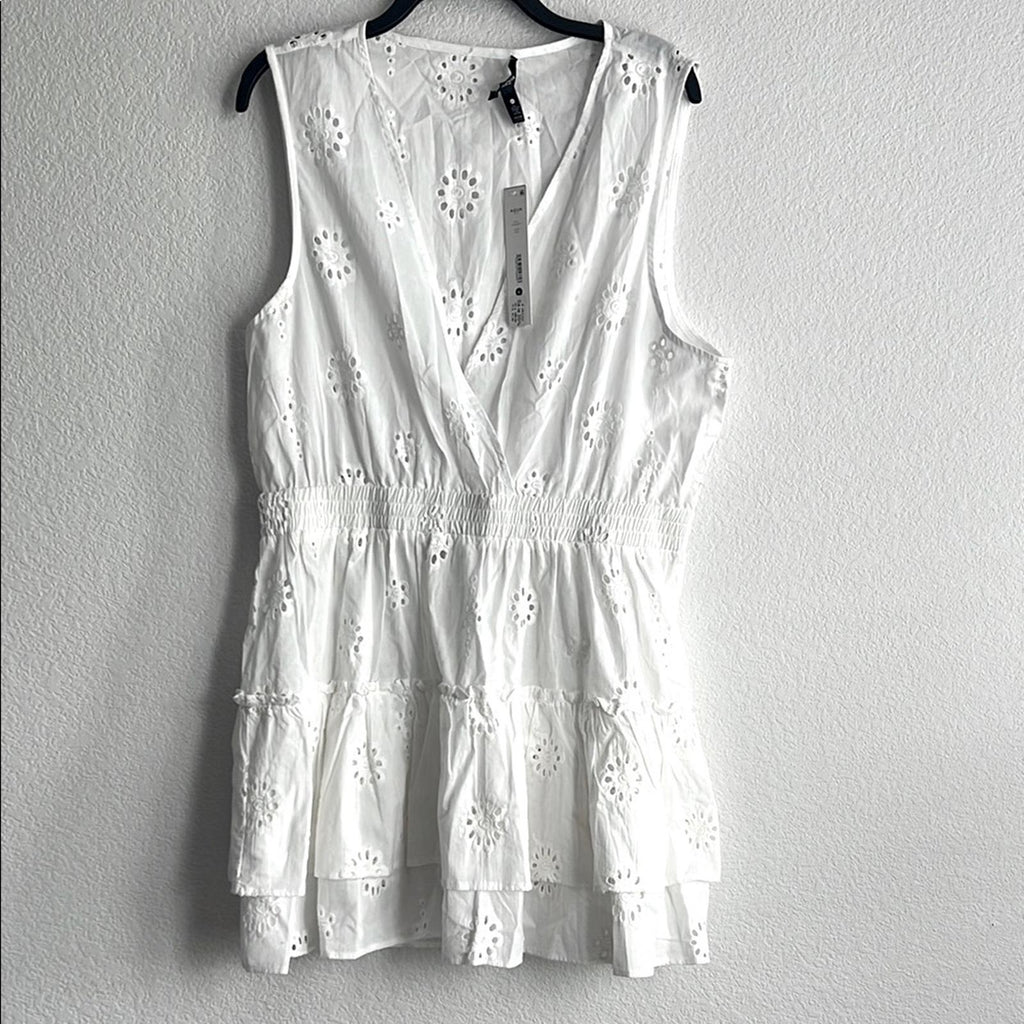 Aqua Eyelet Tiered Swim Cover-Up Dress in Ivory/White Size XL NWT
