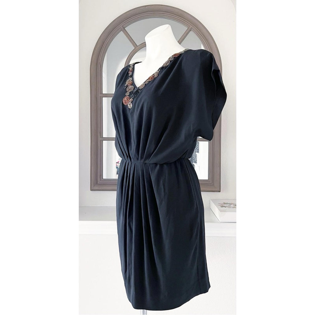 Trina Turk Black Mini Dress w/Beaded V-Neck, Size 2 Excellent!