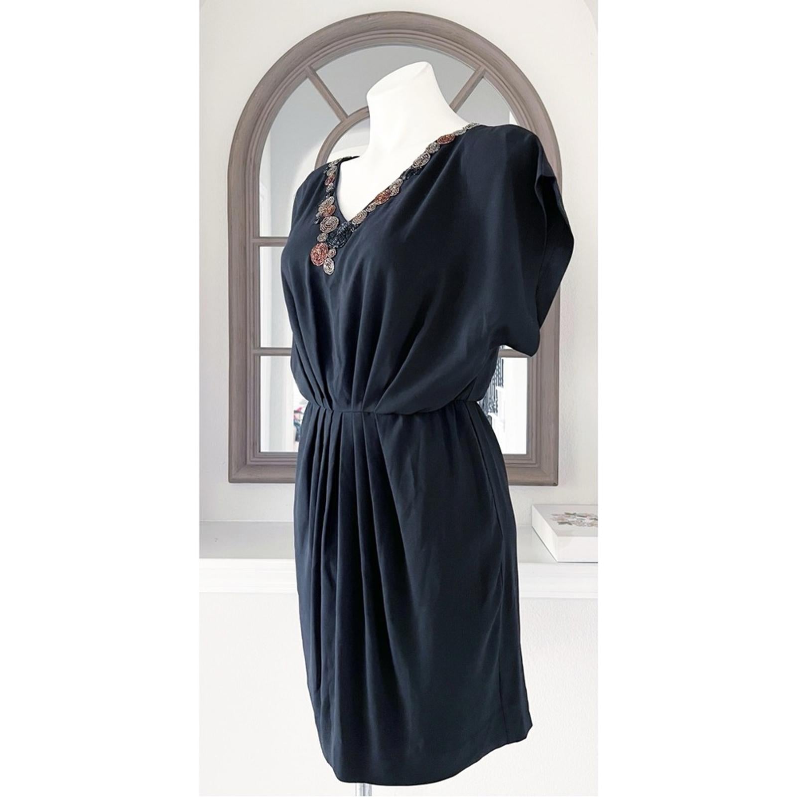 Trina Turk Black Mini Dress w/Beaded V-Neck, Size 2 Excellent!