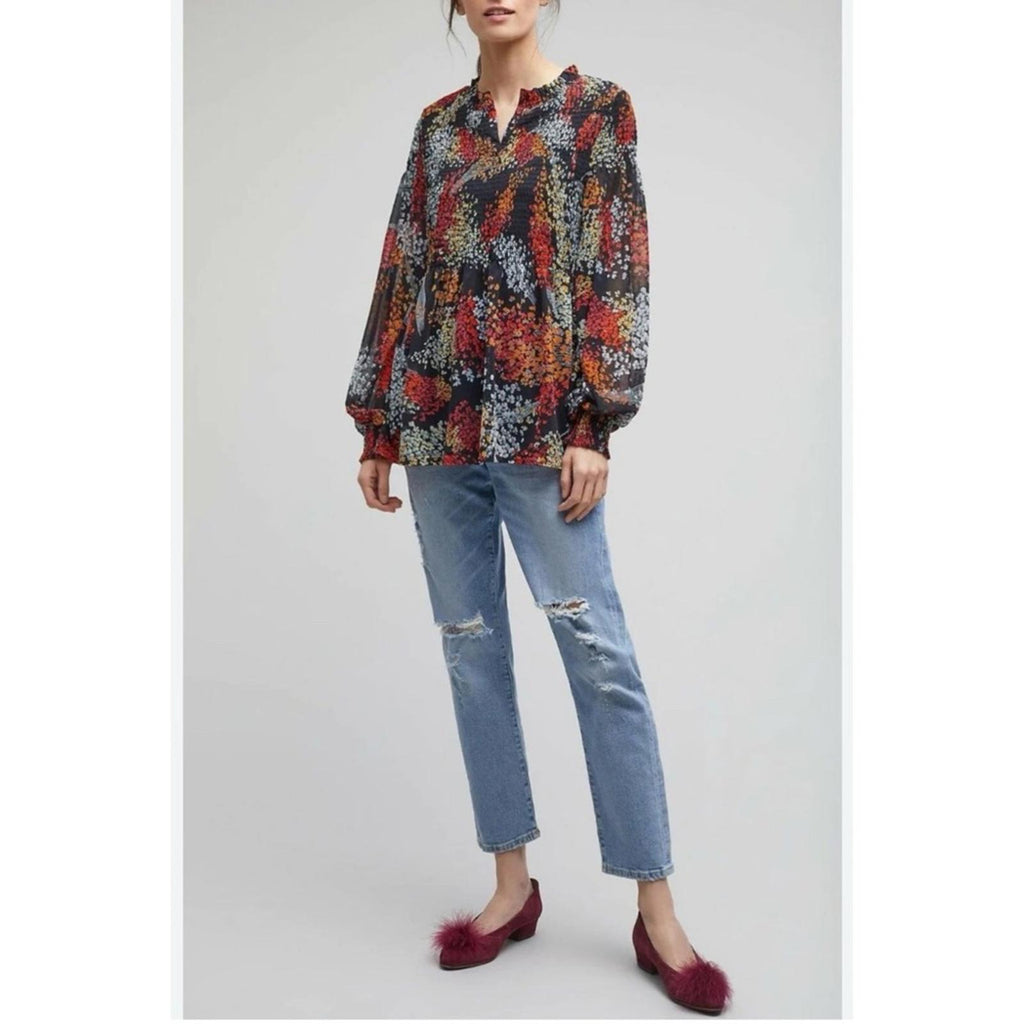 Anthropologie Akemi + Kin Balloon Sleeve Floral Chiffon Smocked Top Size S