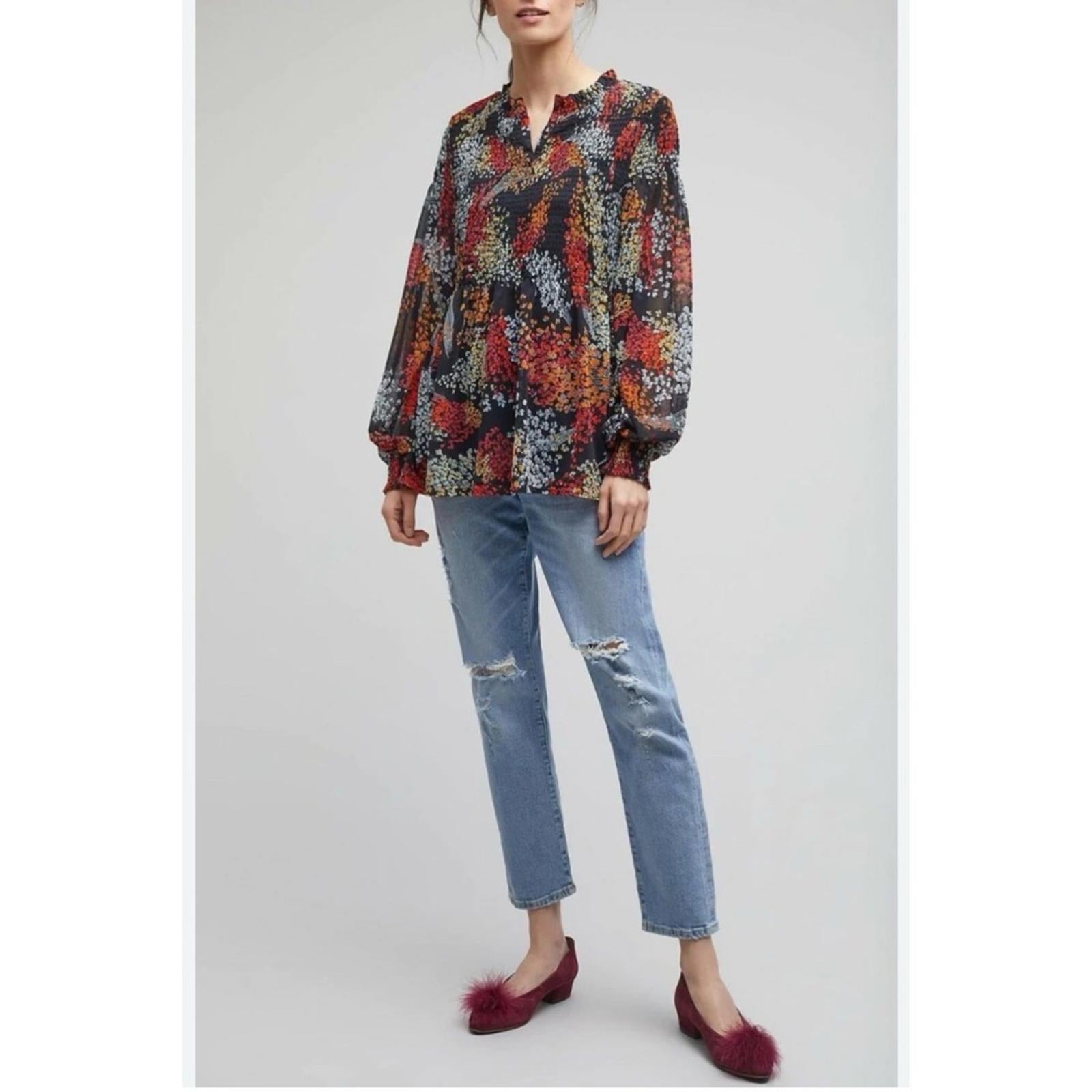 Anthropologie Akemi + Kin Balloon Sleeve Floral Chiffon Smocked Top Size S
