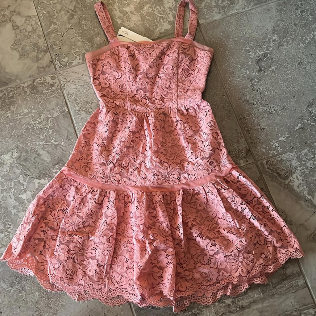 Bloomingdale’s Aqua Rosette Lace Tiered Dress, Size 2
New w/Tag Retail $278