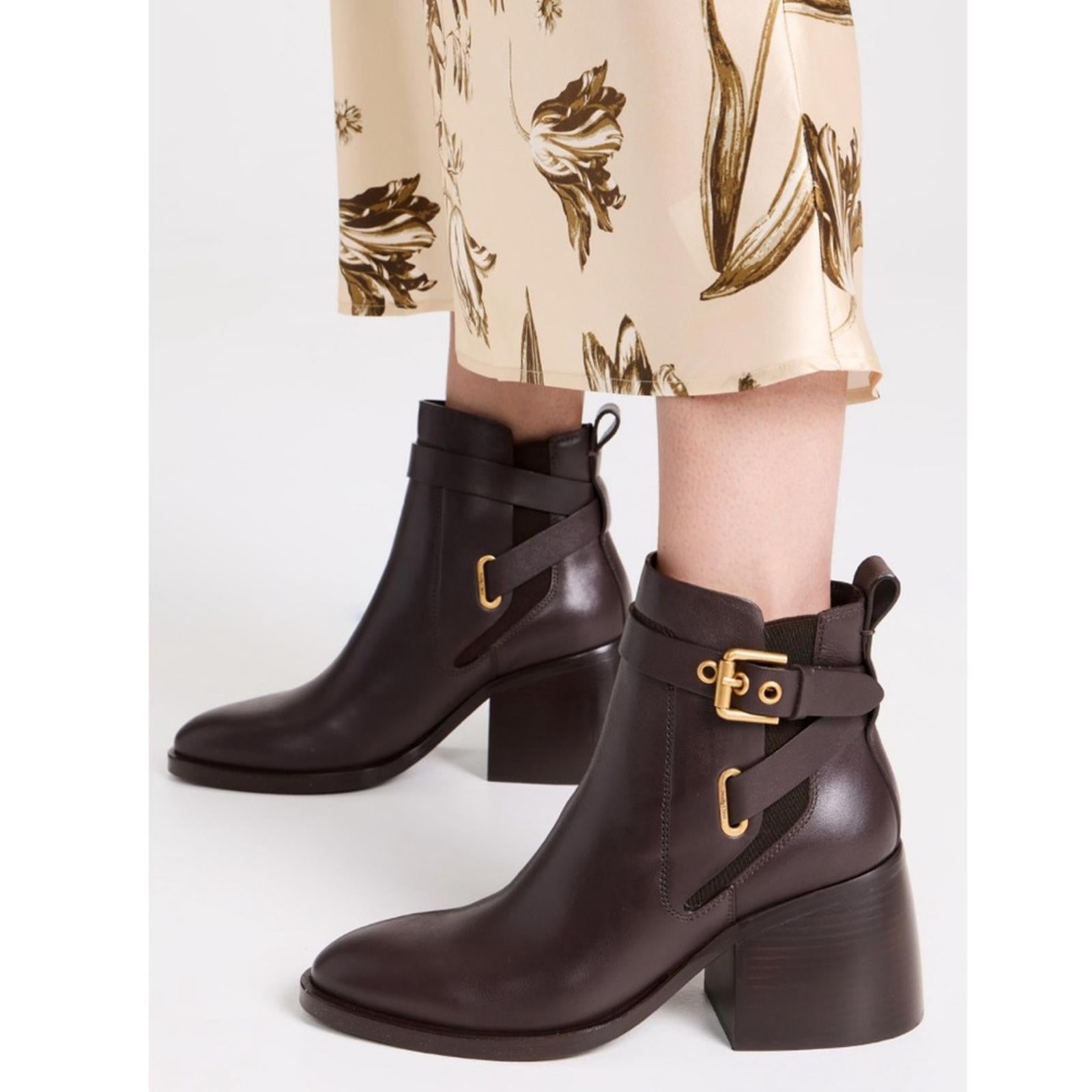 See by Chloé Dark Brown Calf Averi Block Heel Leather Bootie, Size 41 w/DustBag