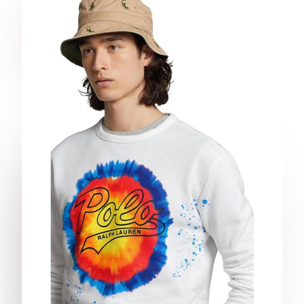 Polo Ralph Lauren Logo Tie-Dye Print Fleece Sweatshirt, White Size XL New w/Tag