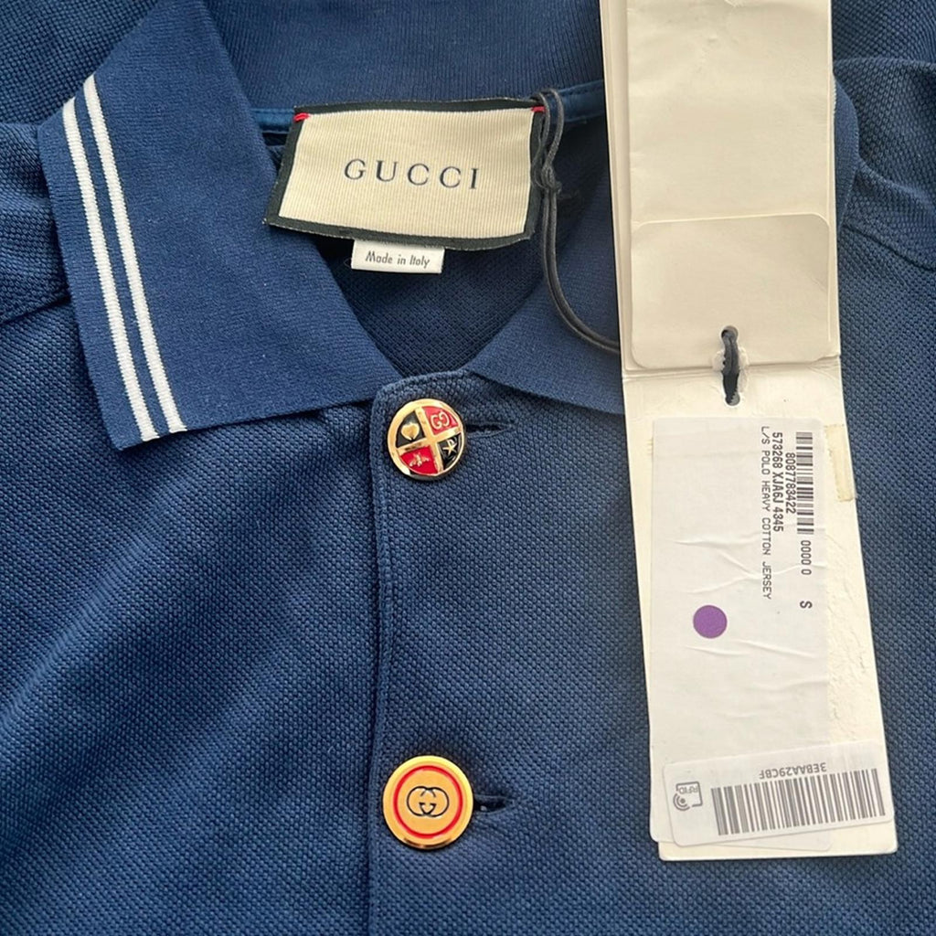 Gucci SS21 Long Sleeves Polo Heavy Cotton Jersey Shirt in Autumn Blue NWT $1,200