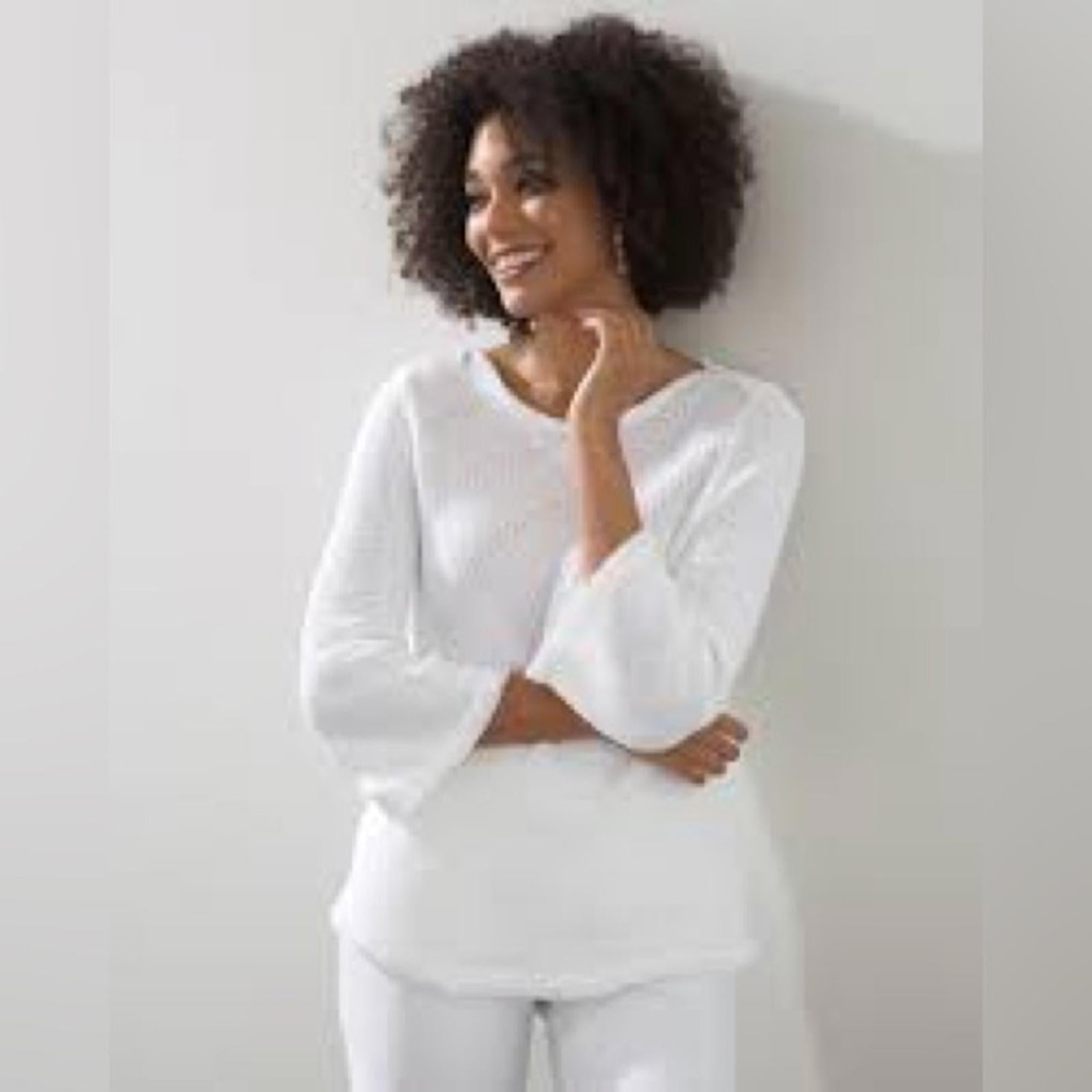 Chico's Crew Neck Fringe Hem Sweater V-Neck in Alabaster/White, NWT, Size 4/XXL
