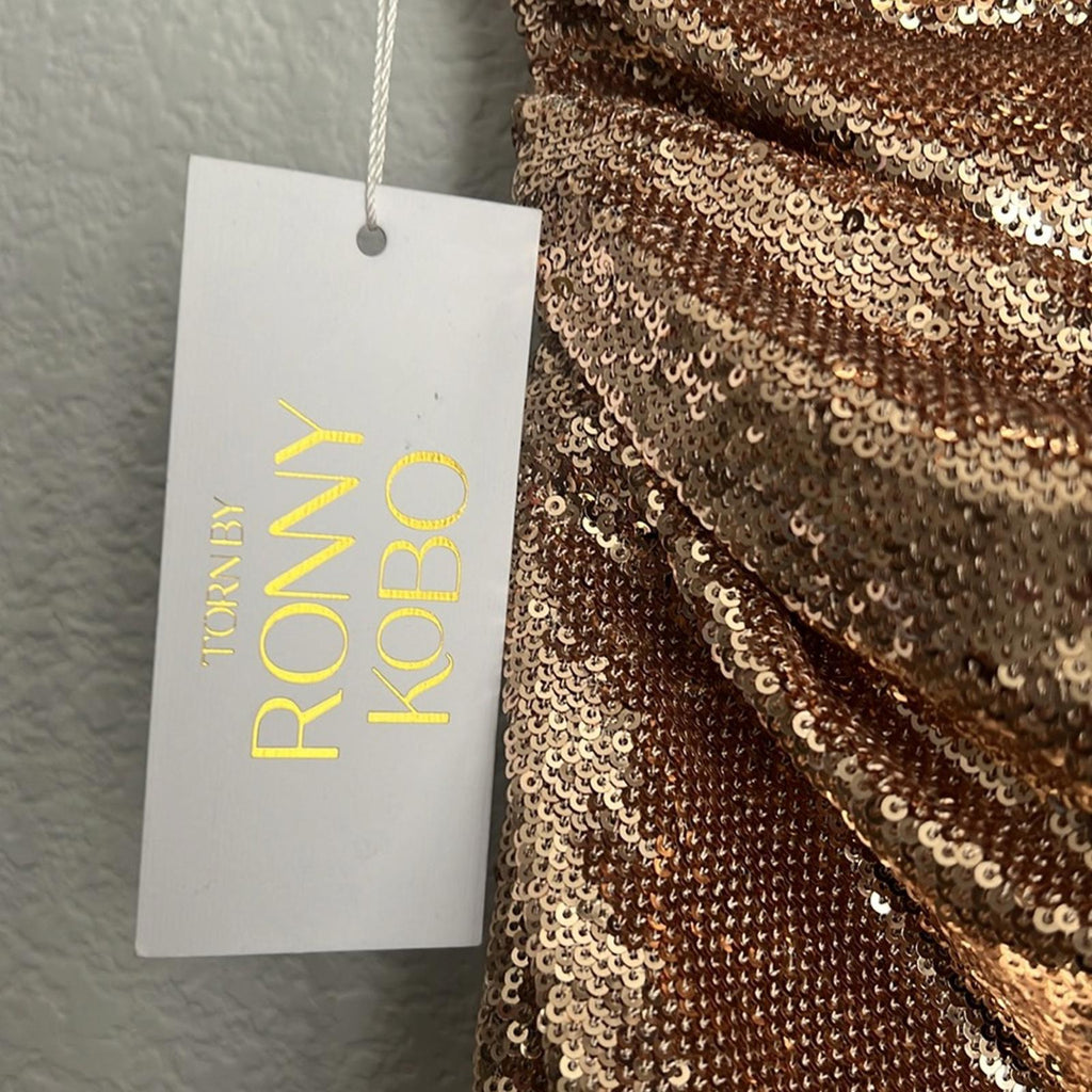 Ronny Kobo Kelly Sequin One-Shoulder Dress, Metallic Gold Size S NEW w/Tag $548