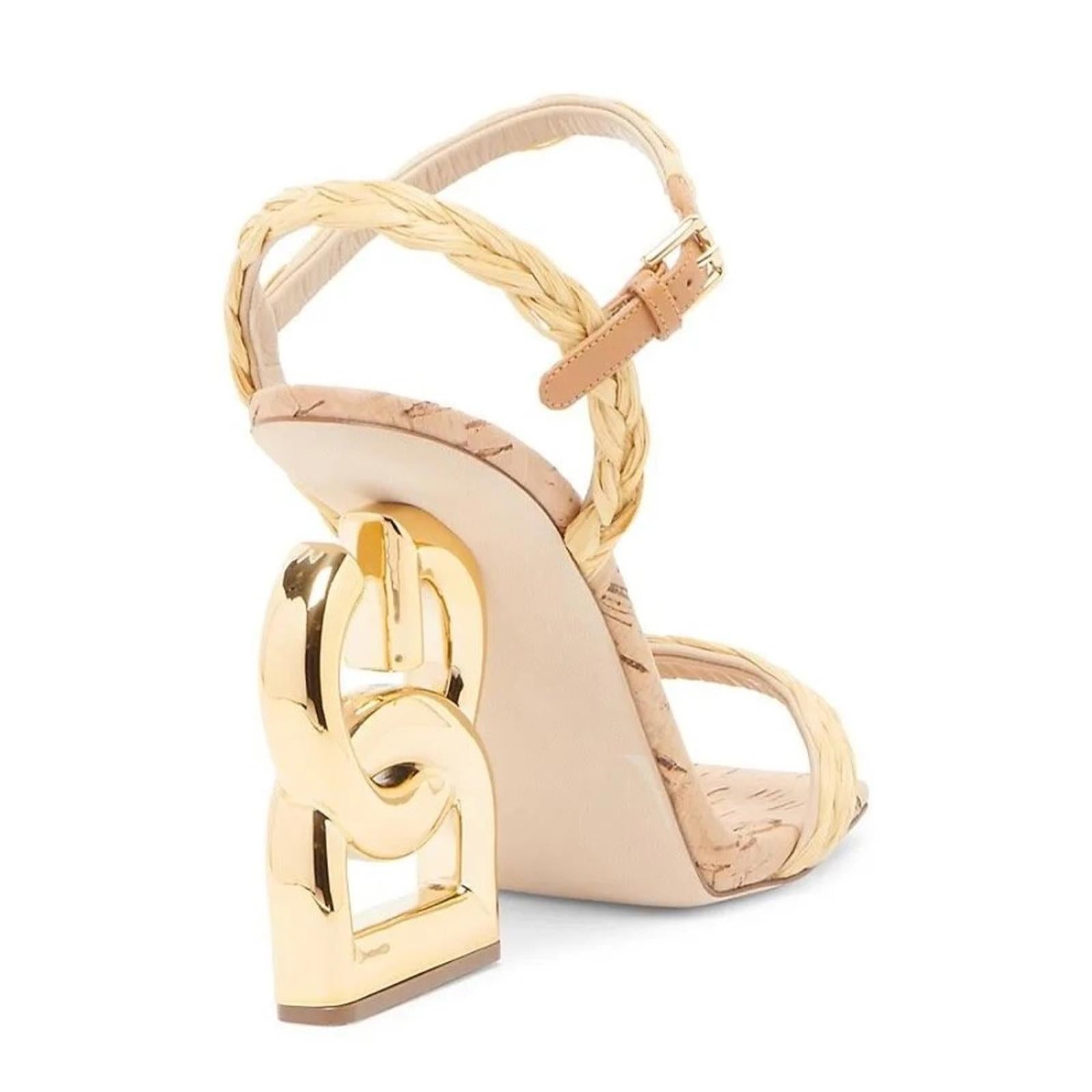 Dolce & Gabbana Logo Heel Ankle Strap Sandals in Gold Tan, New in Box