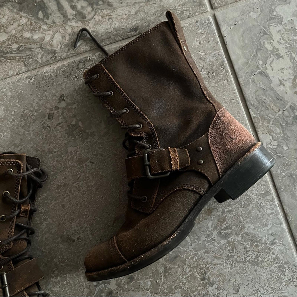 UGG Australia Marela Dark Lace-Up Leather Booties in Chestnut Brown, Size 7