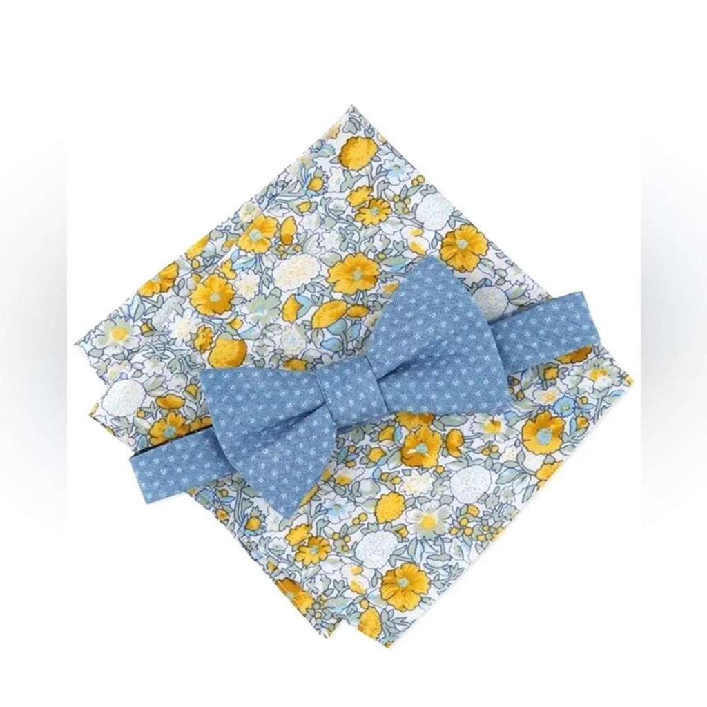 Bar III Bowtie & Pocket Square, Blue Diamond & Floral Style 13S22-1000 New w/Tag