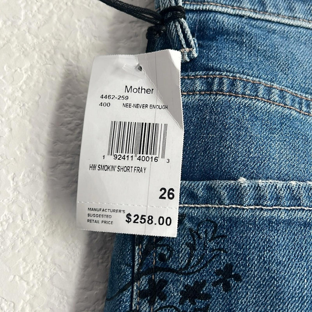 Mother High-Waisted Smokin’ Short Fray Jeans w/Strawberry Patch, Size 26 NWT